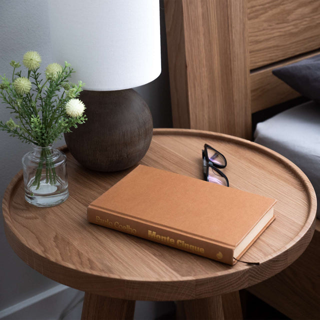 Round nightstand , wood end table , oak bedside