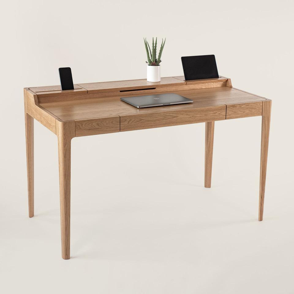Solid wood desk with cable management and drawer
