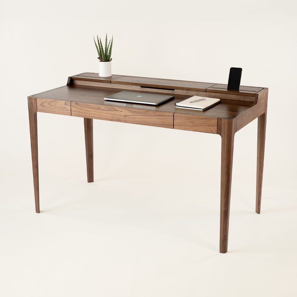 mid century modern wood desk with cable management