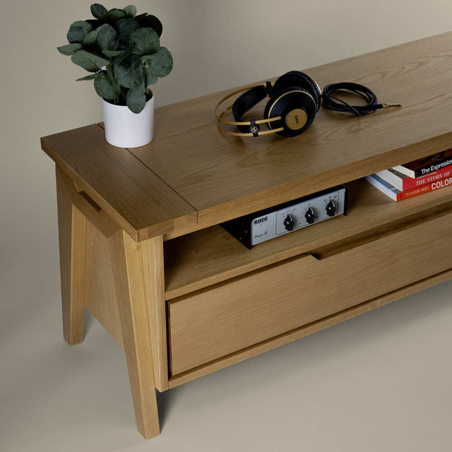 oak media console with drawer, scandinavian furniture