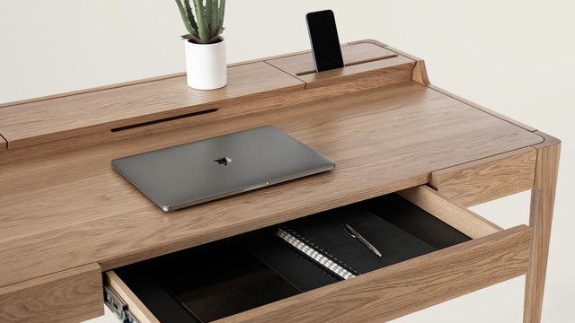 Solid oak and walnut Scandinavian desk with cable management, storage and drawer.